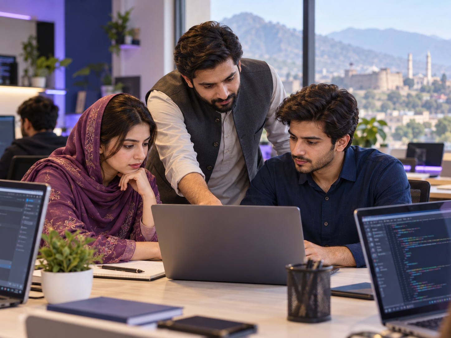 Illustration of Pakistani learners collaborating on a web development project in a Peshawar-inspired training studio